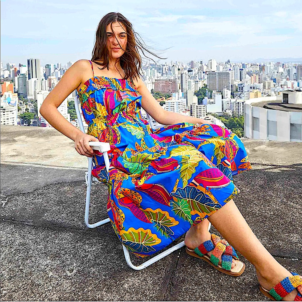 FARM RIO “Blue beaks and bananas” tiered dress